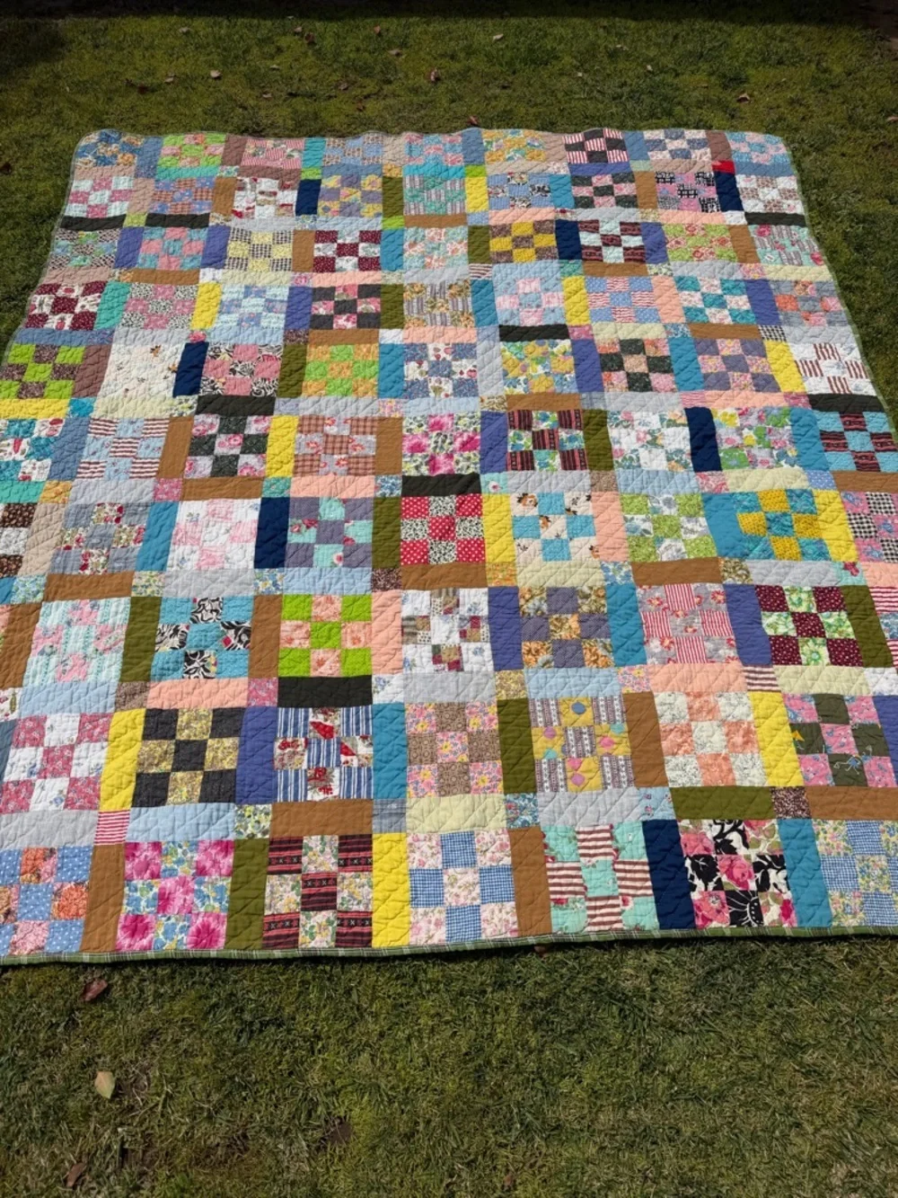 Vintage 9 Patch Scrappy Block Quilt Colorful Whimsical Hand Quilted 79x88 GUC